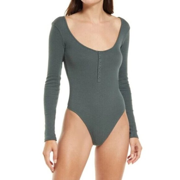 Open Edit BNWOT green henley bodysuit top sz large NEW long sleeve - Picture 1 of 6